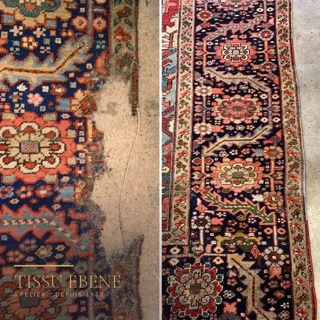 Tapis mité : laine mangée jusqu’à la fondation d’un côté, zone reprise de l’autre