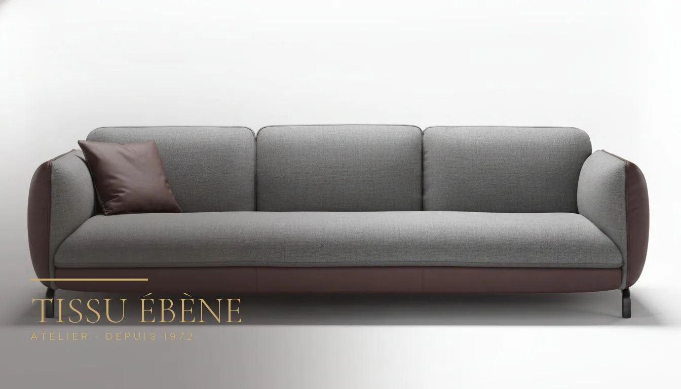 Canapé trois places contemporain, assise en tissu gris chiné et structure en cuir bordeaux