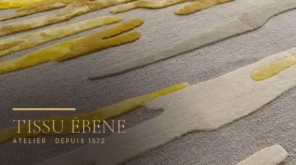 Tapis en viscose gris et jaune, velours ras au relief sculpté à la tondeuse