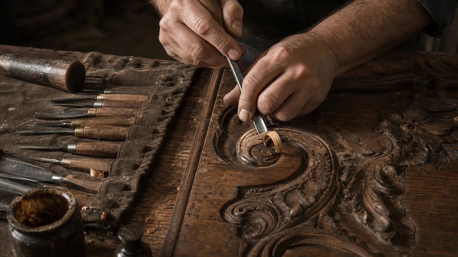 Reprise d'un motif sculpté d'armoire à la gouge, copeau de merisier frais