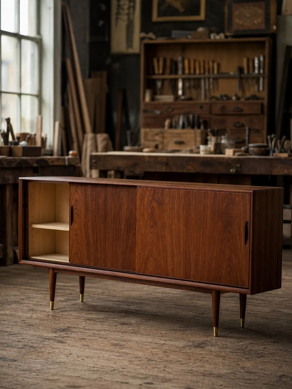 Enfilade scandinave en teck massif, finition huilée satinée, poignées sculptées