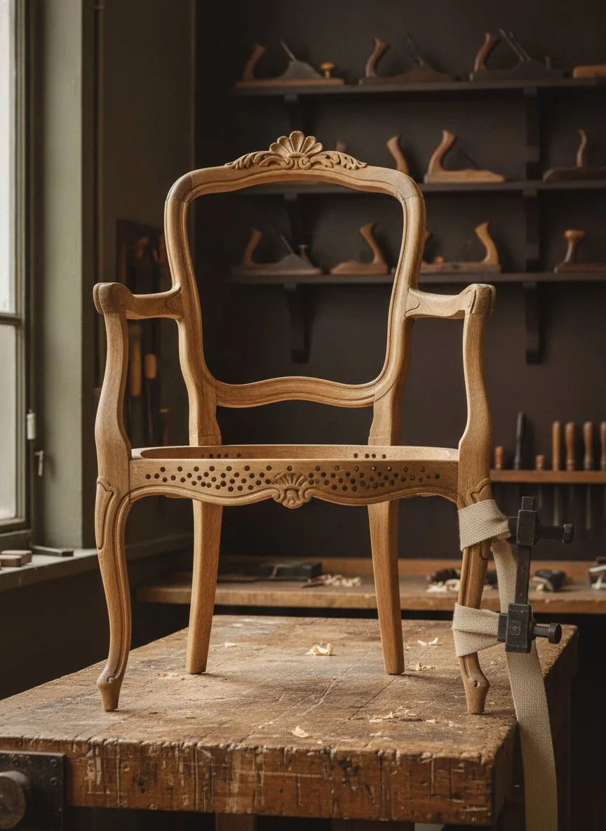 Carcasse de fauteuil cabriolet Louis XV dégarnie, assemblage recollé et sanglé
