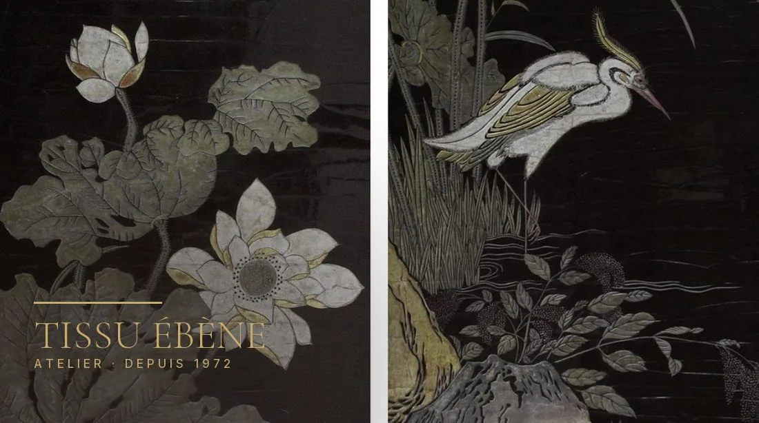 Panneaux de laque noire à décor de lotus et de héron, feuillages gris et rehauts dorés