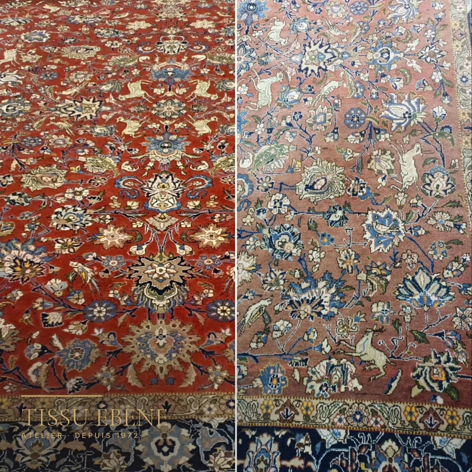 Restauration des couleurs d’un tapis : le même tapis, teintes ravivées d’un côté, champ délavé de l’autre