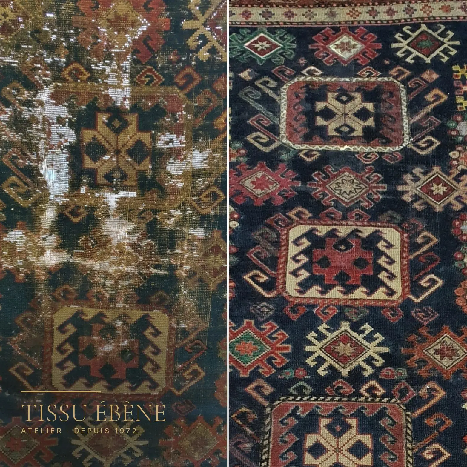 Restauration de kilim : le même tissage, zones usées d’un côté, trame reprise et couleurs retrouvées de l’autre